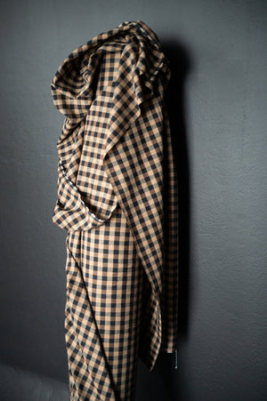 A soft cotton and linen blend in a sophisticated check of black and coffee tones - Irish Coffee.