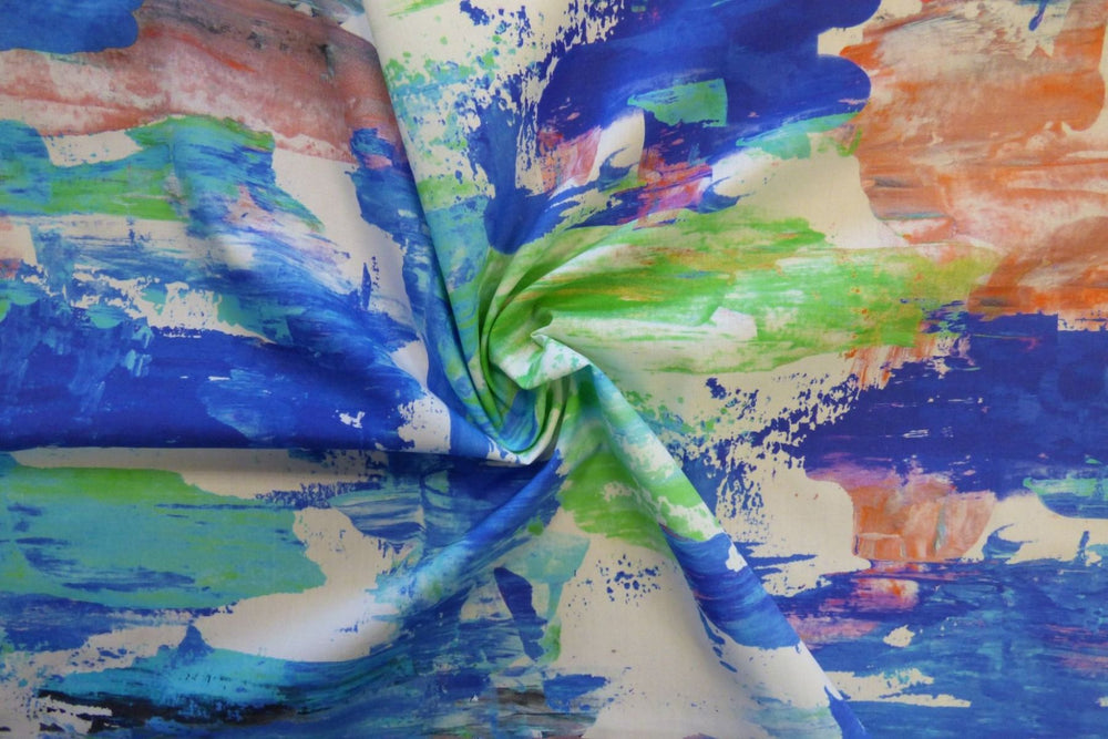 COTTON MARLIE-CARE LAWN • WORK OF ART • Blue/Green $36/metre