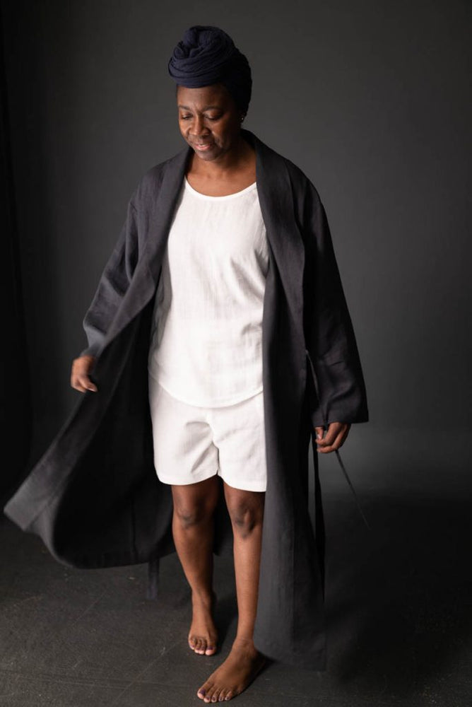 Charcoal dressing gown (large) in Scuttle Black, with Bantam top and 101 shorts in Organic White Cotton Gauze