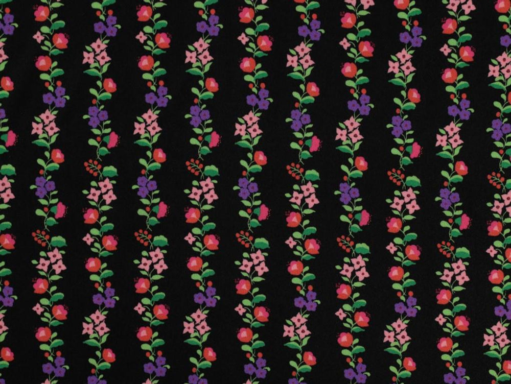 VISCOSE ECOVERO™ CREPE • ROBERTA FLORAL STRIPE  • Black $52.00/metre