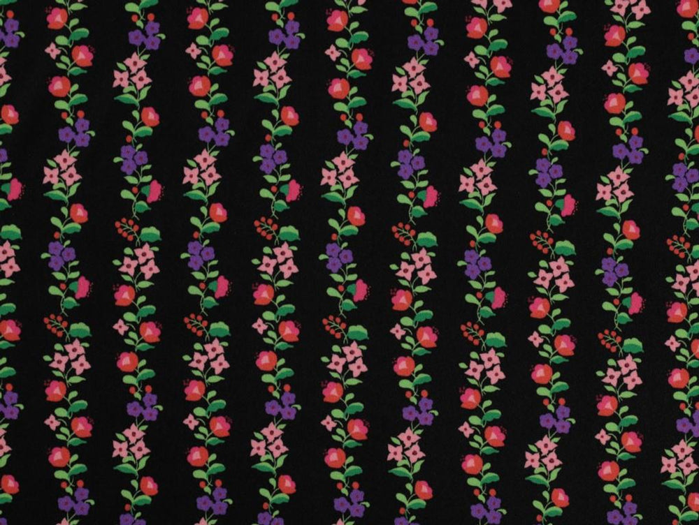 VISCOSE ECOVERO™ CREPE • ROBERTA FLORAL STRIPE  • Black $52.00/metre