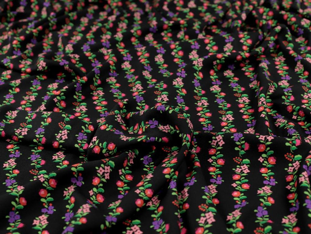 VISCOSE ECOVERO™ CREPE • ROBERTA FLORAL STRIPE  • Black $52.00/metre