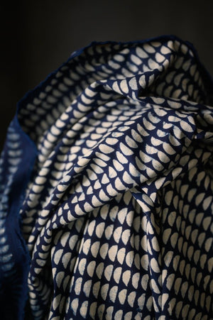 INDIAN COTTON • HAND BLOCK • Indigo Semi Circle $39.00/metre