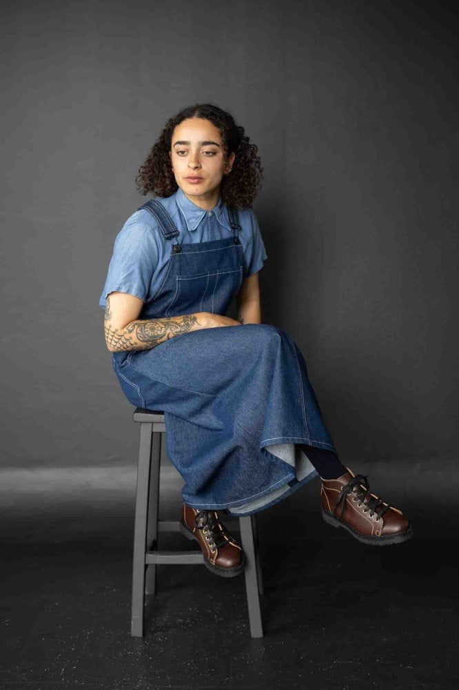 Tash is wearing the Margo in mid-weight denim, UK size 10.