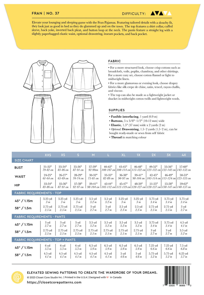 By Closet Core Patterns, Fran Pajamas paper sewing pattern at Pattern Scissors Frock - Australia