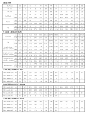 Lilja size, finished garment measurements & fabric requirements chart.