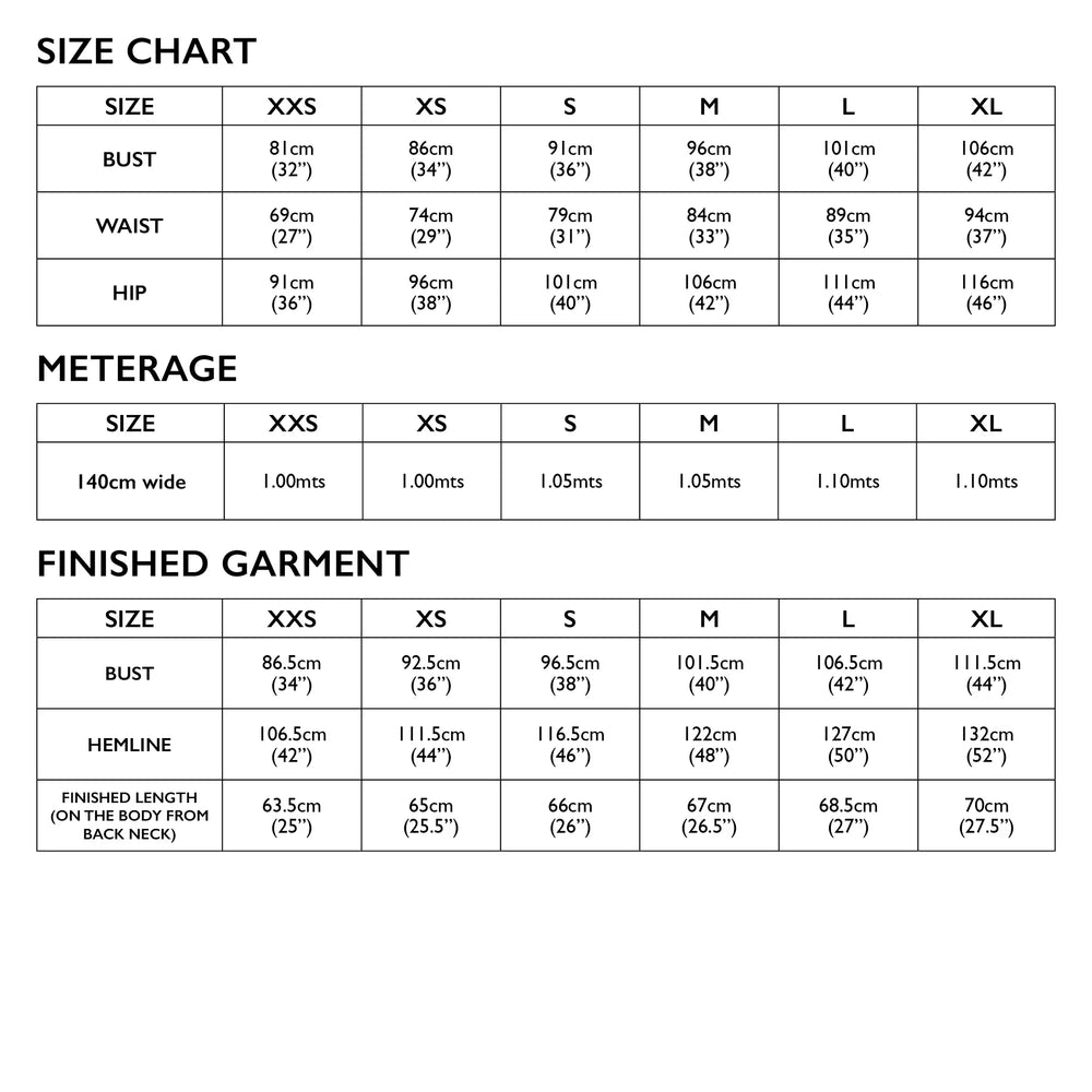 Tessuti's Romy Top size, finished garment measurements and fabric requirements