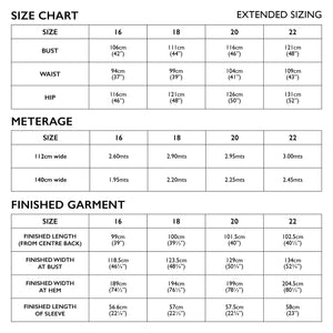 Bella dress pattern sizing chart 16-22