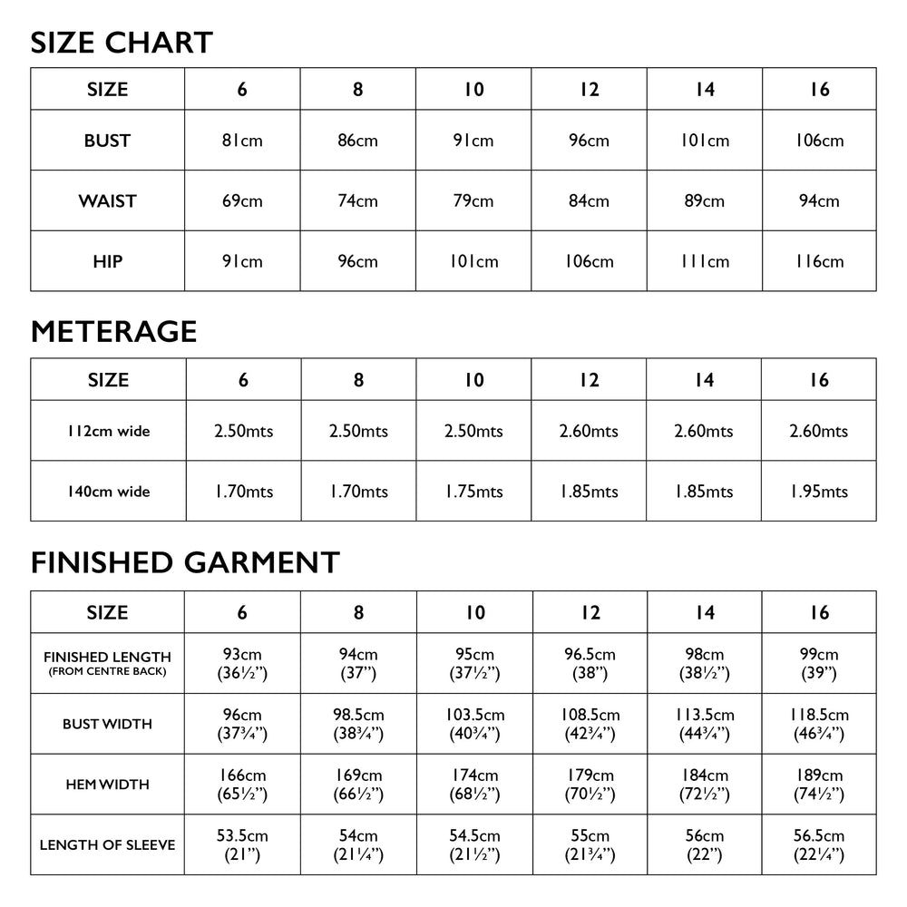 Bella dress pattern sizing chart 6-16  