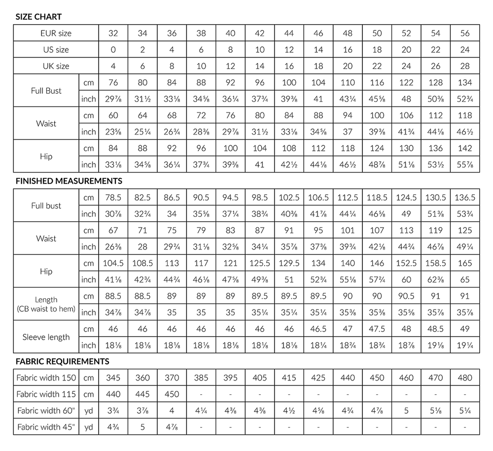 Size Chart, Finished Garment Measurements and Fabric requirements for the Hali Dress pattern