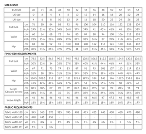 Size Chart, Finished Garment Measurements and Fabric requirements for the Hali Dress pattern