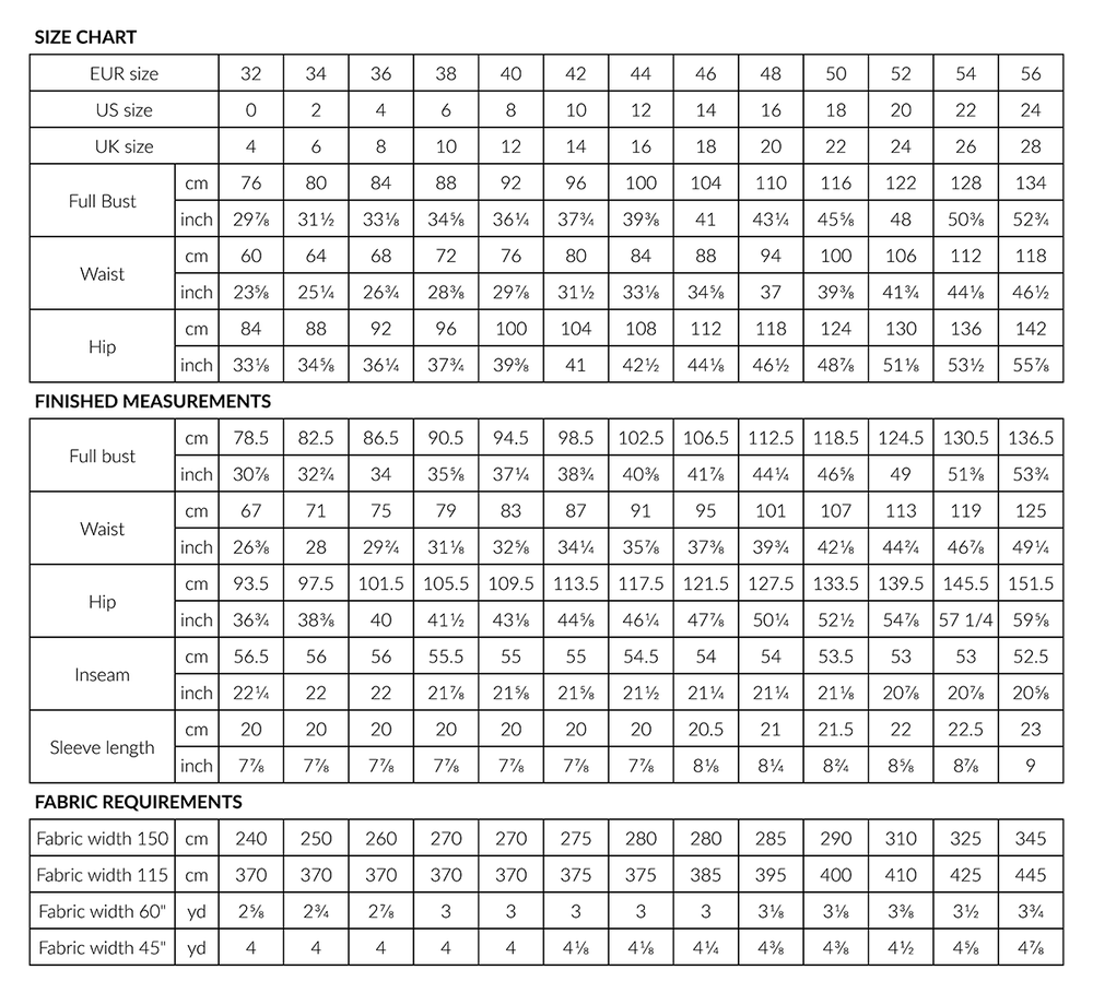 Size Chart, Finished Garment Measurements and Fabric requirements for the Hali Jumpsuit pattern