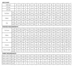 Size Chart, Finished Garment Measurements and Fabric requirements for the Hali Jumpsuit pattern