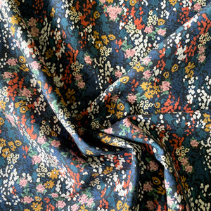 Lady McElroy A Lovely Cotton Marlie-Care Lawn digital ditsy floral print. Tones of Royal Blue, Rust, Mustard, Black and Ivory