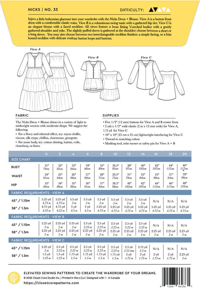 CLOSET CORE PATTERNS NICKS DRESS BLOUSE PATTERN SCISSORS FROCK closet-core-patterns-nicks-dress-blouse-pattern-scissors-frock