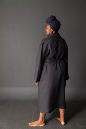 Charcoal dressing gown (large) in Scuttle Black, with Bantam top and 101 shorts in Organic White Cotton Gauze