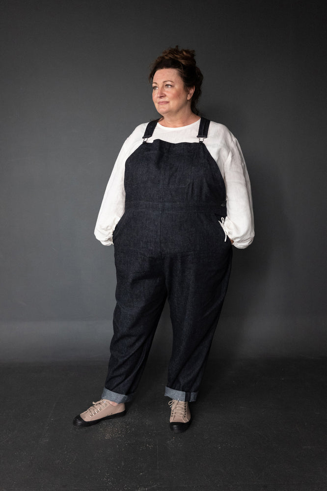 Model Claire is wearing the Harlenes in 9oz Hemp/Organic Cotton Denim, Claire is a UK size 26, and 5.8.