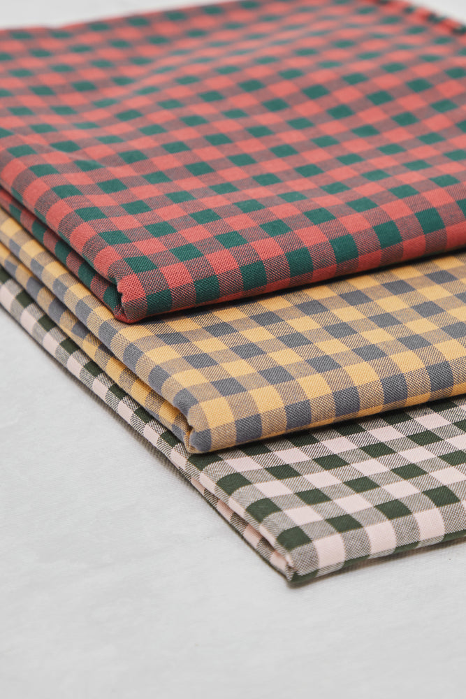 ORGANIC COTTON • OXFORD • GINGHAM • Bottle Green & Coral Red SALE $36/per metre