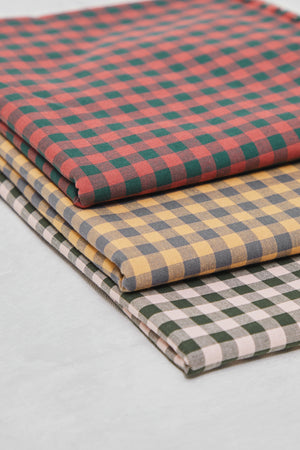 ORGANIC COTTON • OXFORD • GINGHAM • Bottle Green & Coral Red SALE $36/per metre