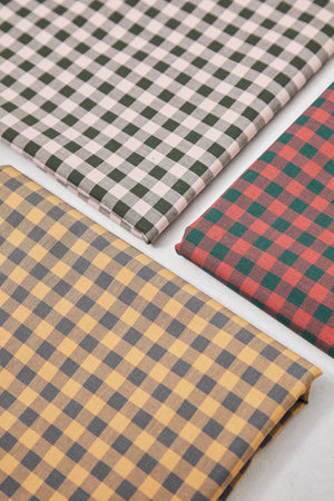 ORGANIC COTTON • OXFORD • GINGHAM • Bottle Green & Coral Red SALE $36/per metre