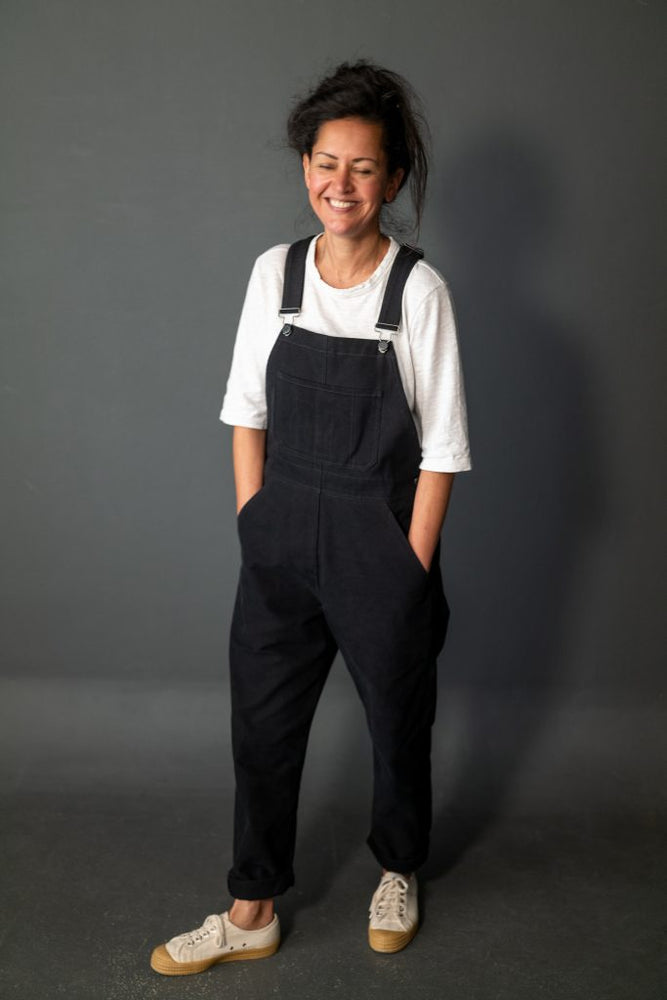 Black dungarees – M&M 9oz Utility Black. Model wears size 8. 