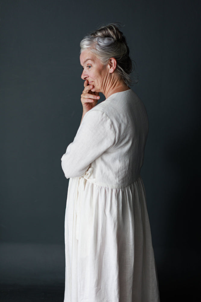 This is the Etta Wrap Dress made in 185gsm Linen colourway MILK