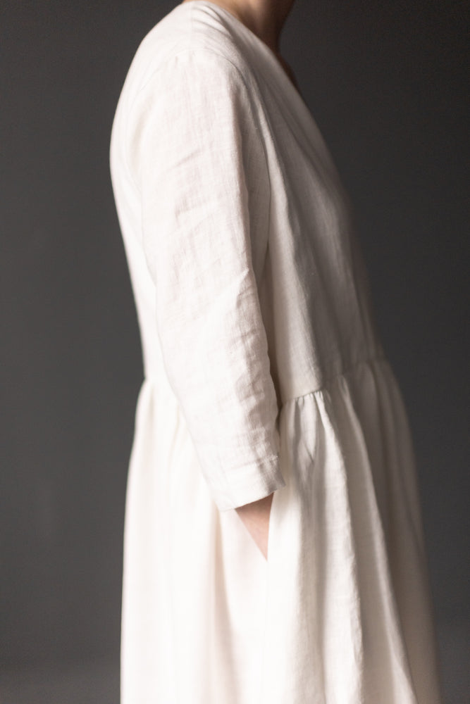 This is the Etta Wrap Dress made in 185gsm Linen colourway MILK