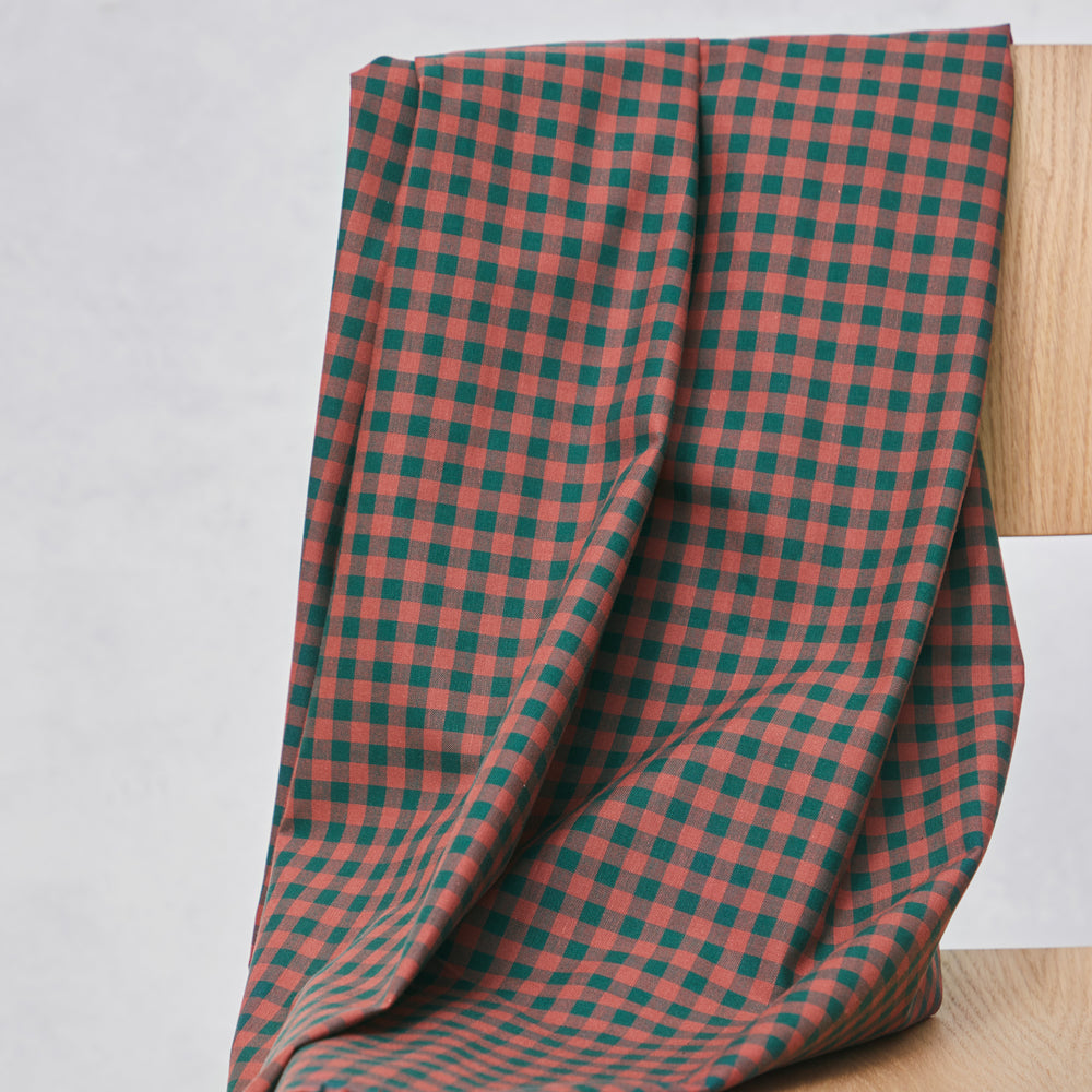 ORGANIC COTTON • OXFORD • GINGHAM • Bottle Green & Coral Red SALE $36/per metre